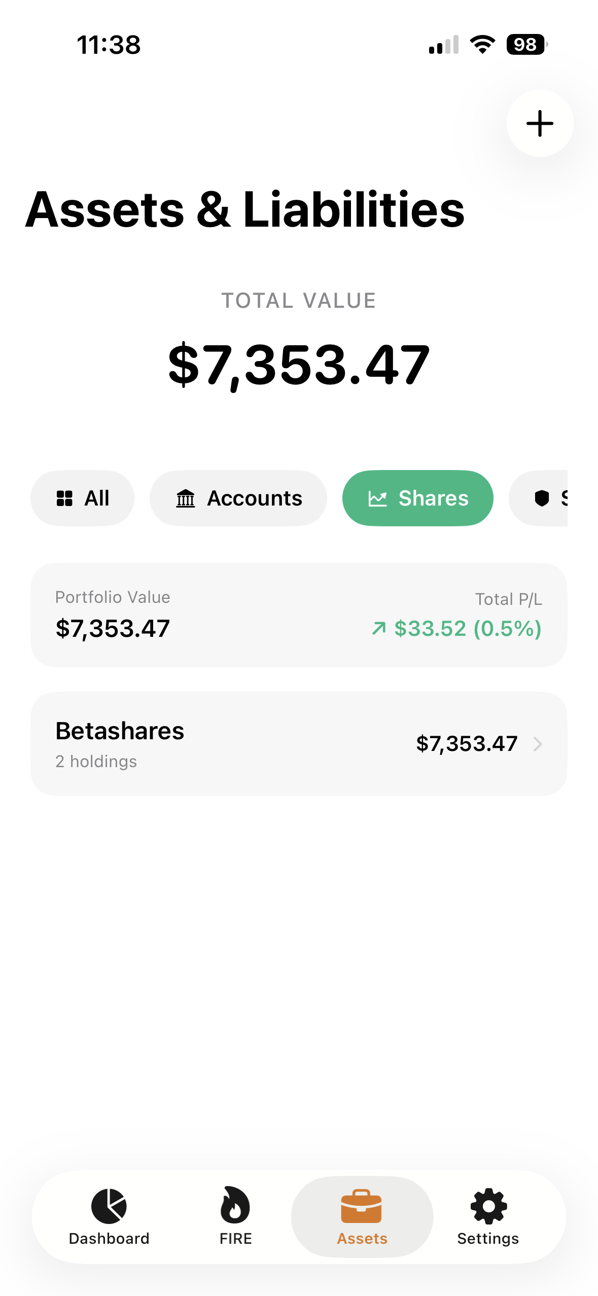 Assets view showing portfolio value and holdings