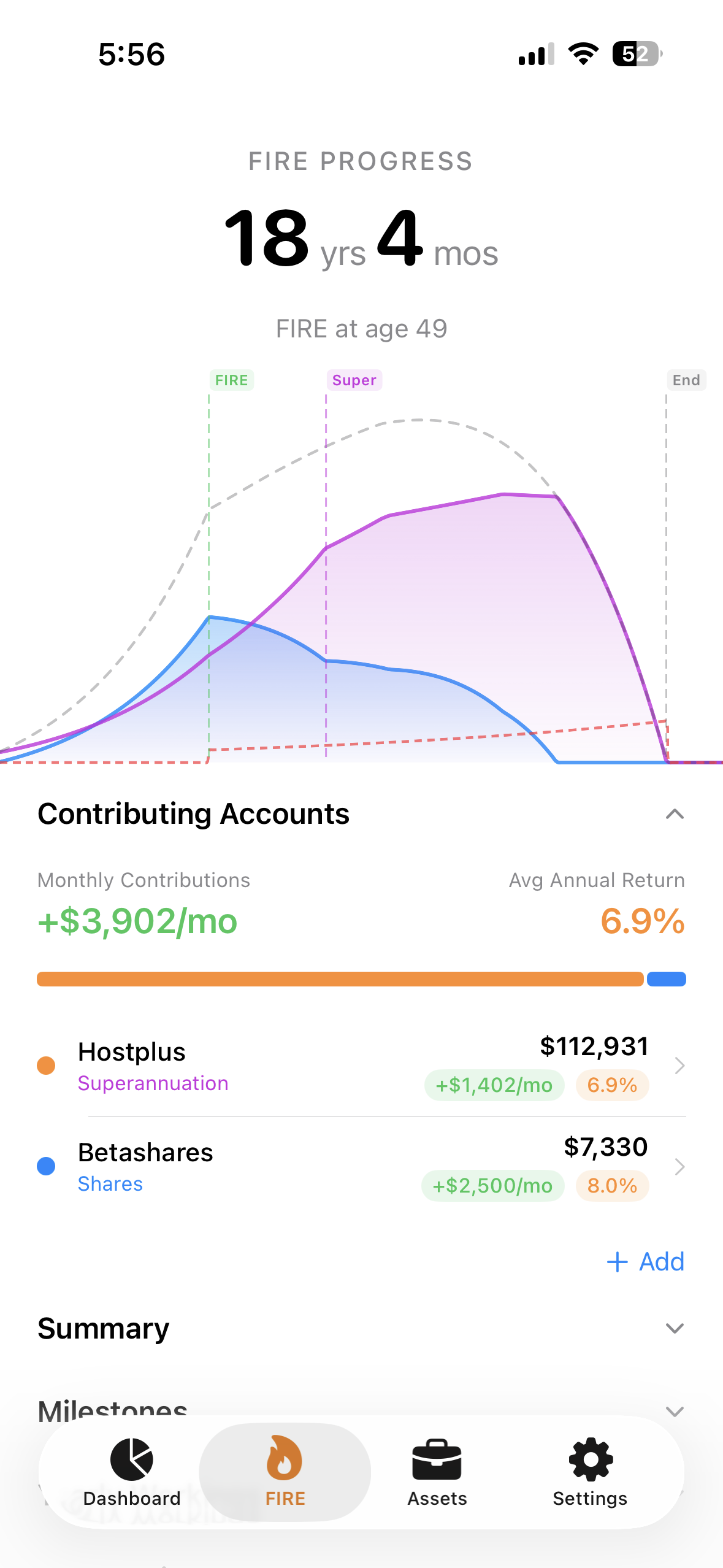 FIRE overview screen with timeline and projections